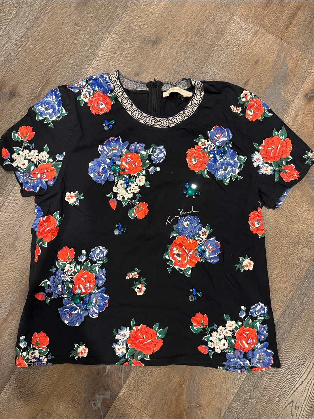 Tory Burch Floral Short-Sleeve Top in Black with gem embellishment